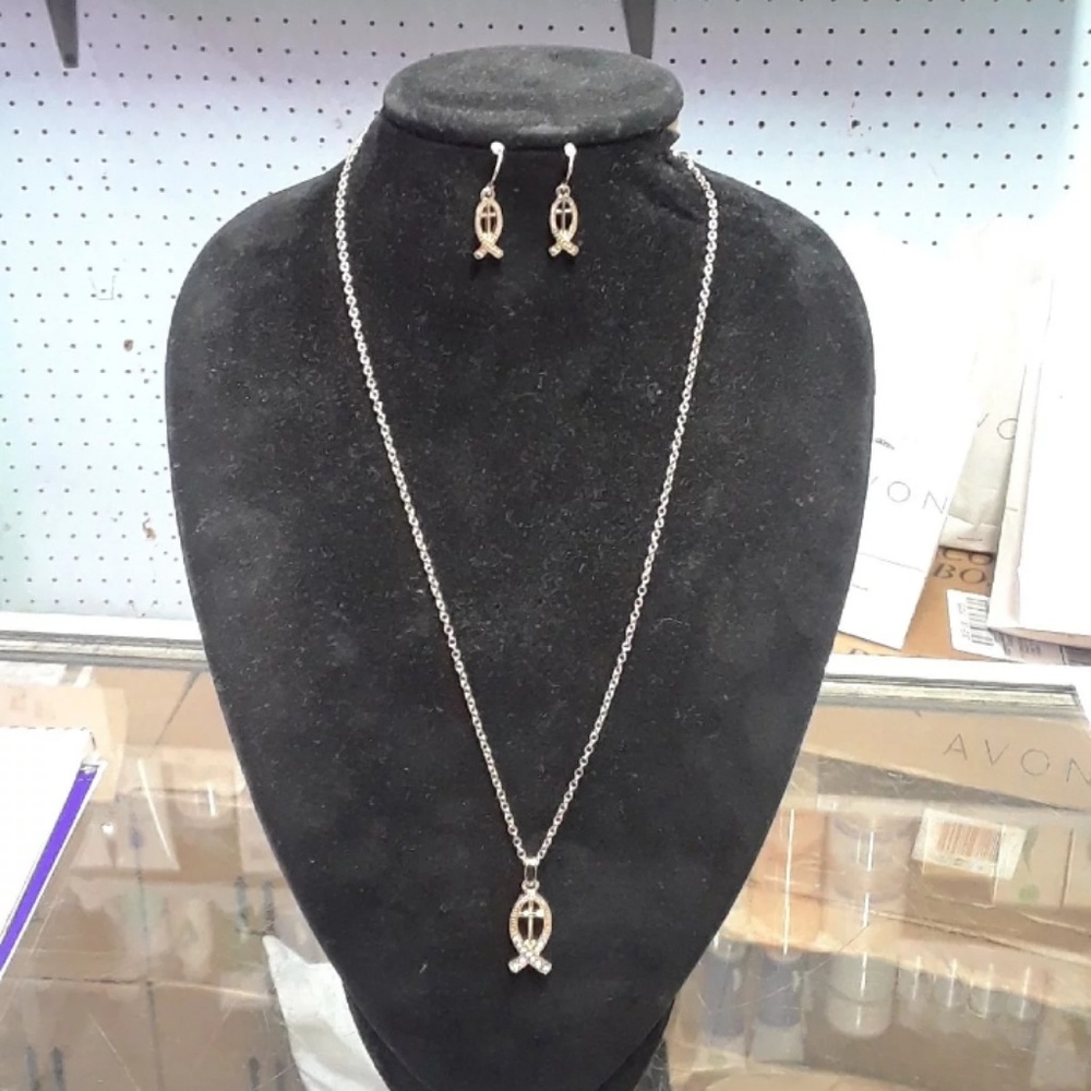 Jesus Fish Cross Necklace and Earring Set